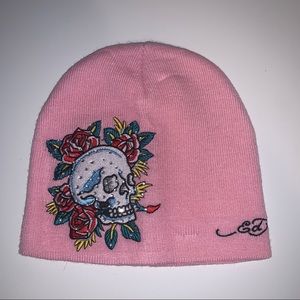 Ed Hardy Pink Bedazzled Knit Beanie Skull And Roses Embroidery